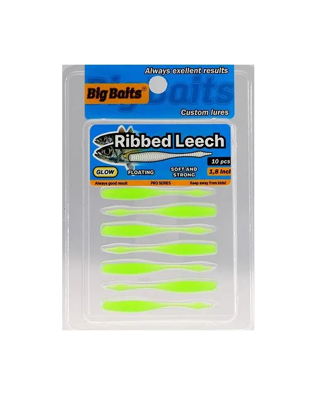 Силикон Big Baits Aji Ribbed Leech 1.8"(10шт)014 lime/glow